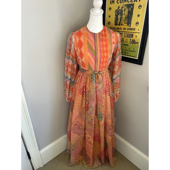 Vtg 60s CALIFORNIA CALLIOPE‎ Maxi Dress Cottage Core Boho Colorful Floral S
